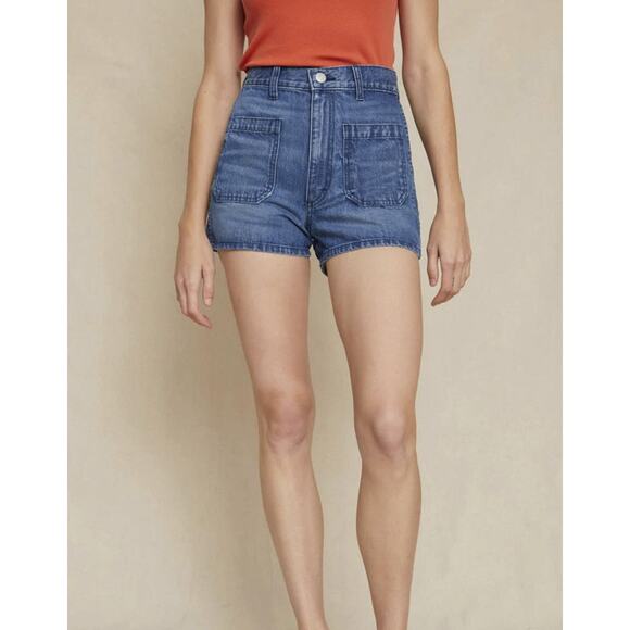 AMO Blue Denim High Rise Patch Pocket Jean Shorts Size 24 - Picture 1 of 5